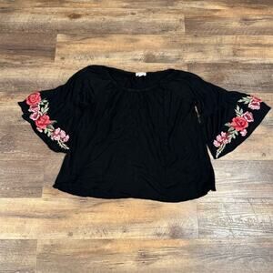 Black Dark Floral Embroidered Bell Sleeve Blouse Flowy Feminine Soft Fairy Witch